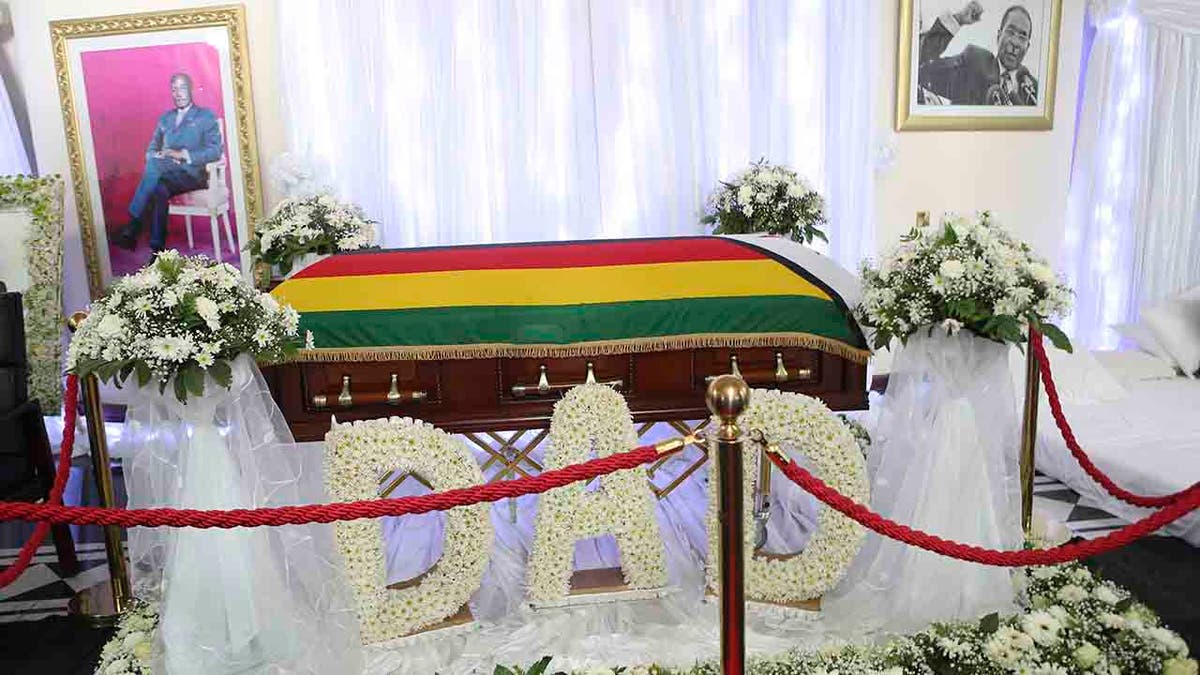 The coffin of the late former Zimbabwean leader Robert Mugabe at his residence in Harare, Thursday Sept. 12, 2019. 