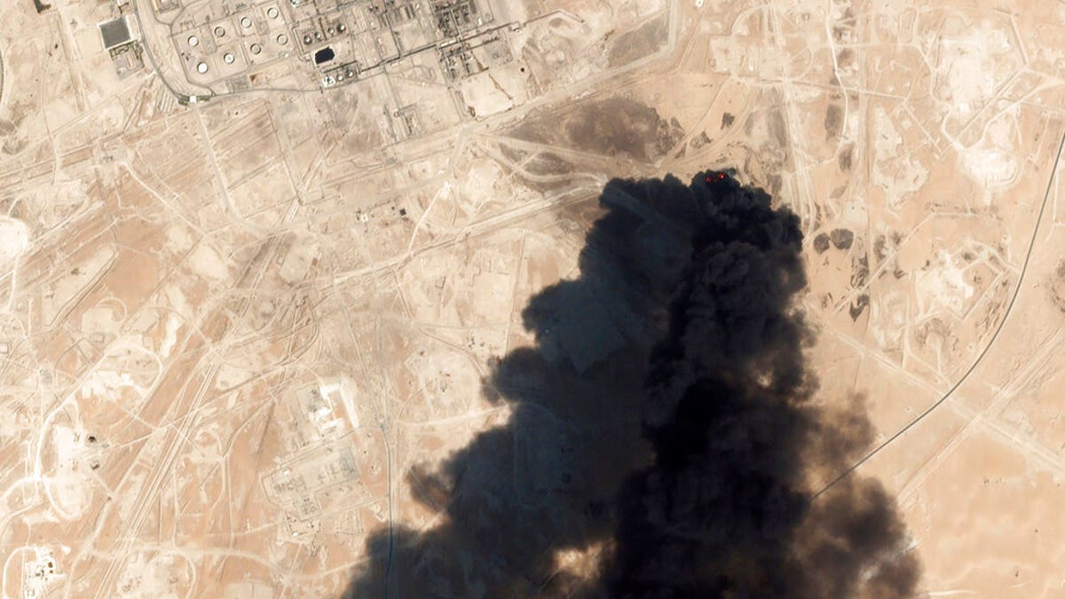 This Saturday satellite image showed thick black smoke rising from Saudi Aramco's Abqaiq oil processing facility in Buqyaq, Saudi Arabia.