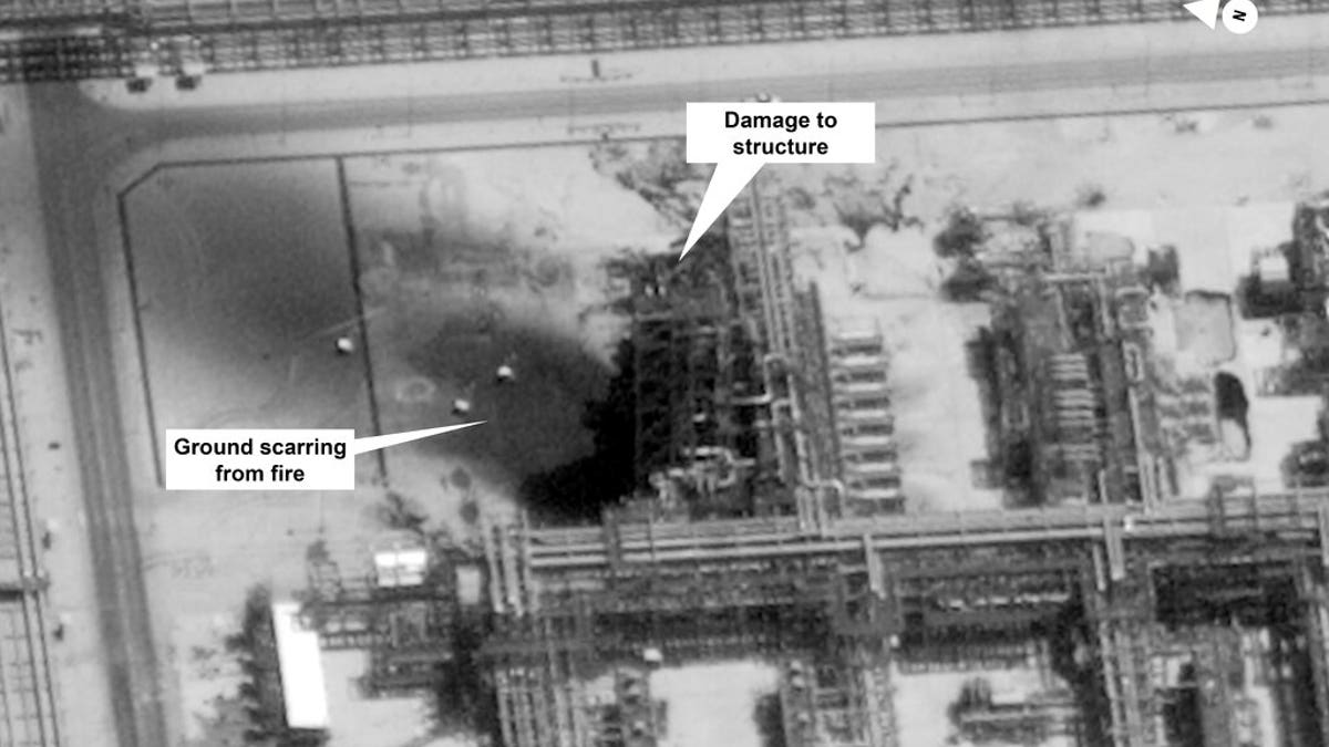 This image provided on Sunday, Sept. 15, 2019, by the U.S. government and DigitalGlobe and annotated by the source, shows damage to the infrastructure at Saudi Aramco's Kuirais oil field in Buqyaq, Saudi Arabia. The drone attack Saturday on Saudi Arabia's Abqaiq plant and its Khurais oil field led to the interruption of an estimated 5.7 million barrels of the kingdom's crude oil production per day, equivalent to more than 5 percent of the world's daily supply.
