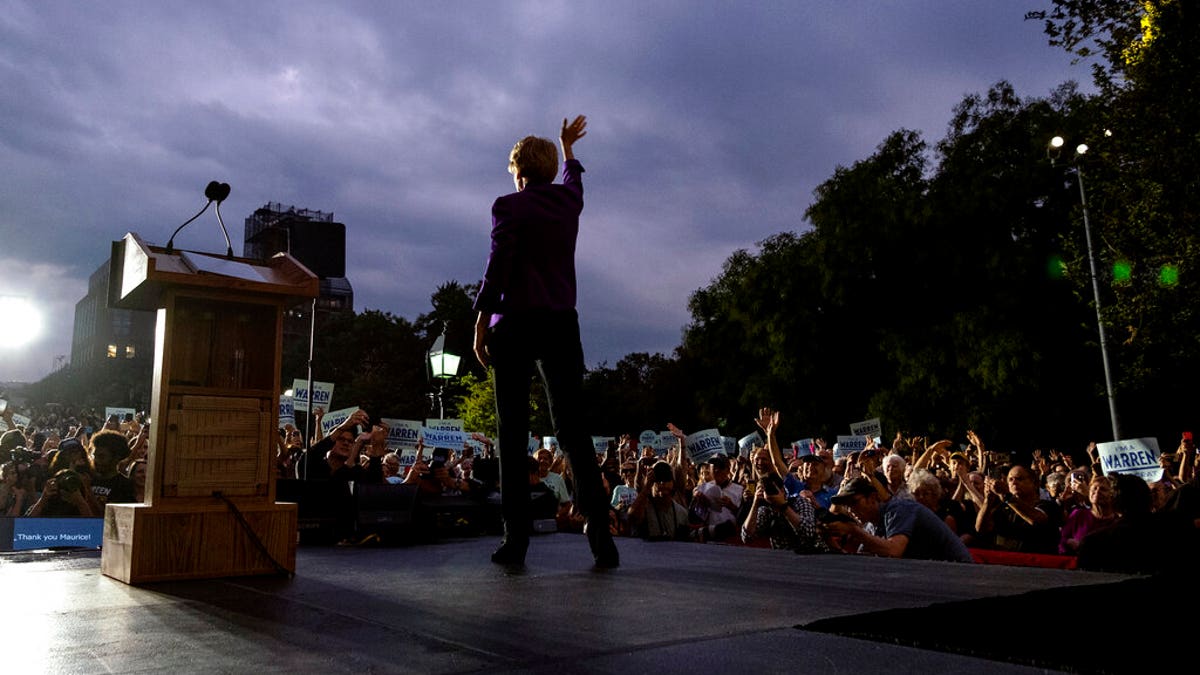 Democratic presidential candidate U.S. Sen. Elizabeth Warren takes the stage before addressing supporters at a rally, Monday, Sept. 16, 2019, in New York. (AP Photo/Craig Ruttle)