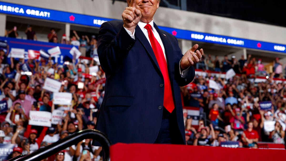 President Donald Trump arrives to speak at a campaign rally at the Santa Ana Star Center, Monday, Sept. 16, 2019, in Rio Rancho, N.M. (AP Photo/Evan Vucci)
