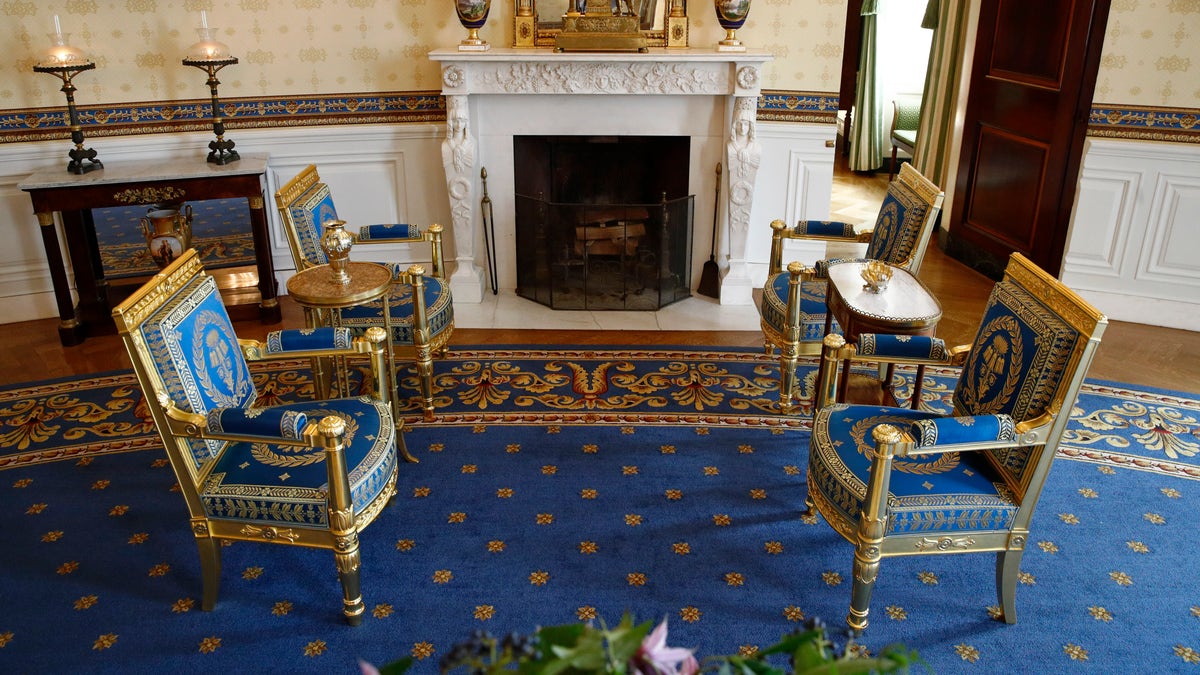 This photo shows restored furniture in the Blue Room of the White House in Washington. The project was started by former first lady Michelle Obama.