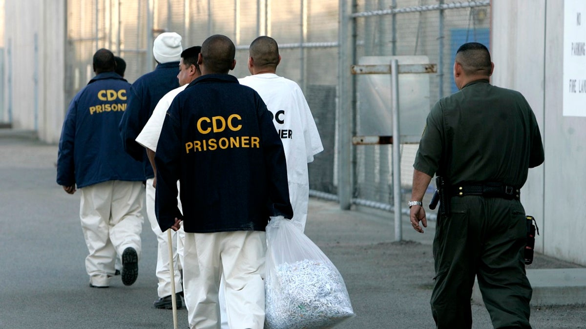 In this Jan. 14, 2009 file photo newly arrived inmates are escorted into the California State Prison, Corcoran. (AP Photo/Rich Pedroncelli, File )