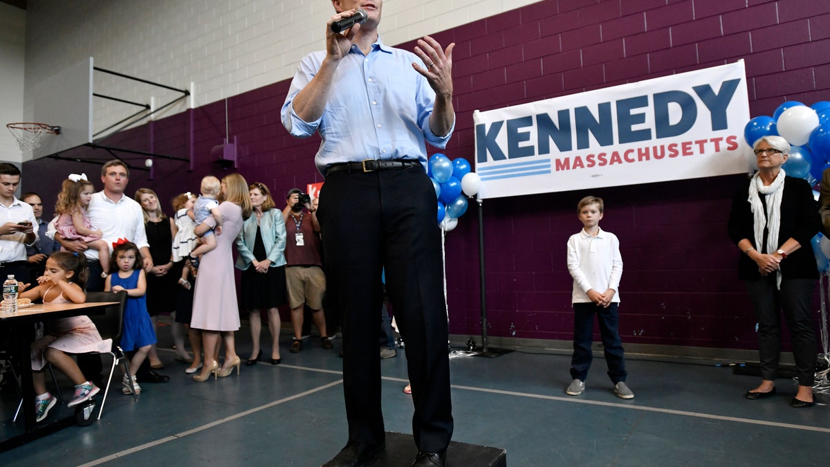 Democratic U.S. Rep. Joseph Kennedy III, D-Mass., announces his candidacy for the Senate on Saturday, Sept. 21, 2019, in Boston. Kennedy will challenge incumbent Sen. Ed Markey in the Democratic primary. (AP Photo/Josh Reynolds)