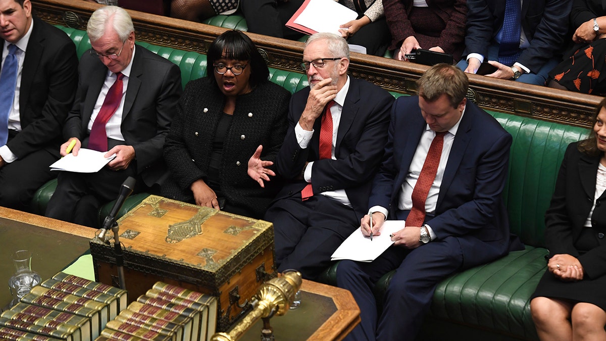 In this handout photo provided by the House of Commons, Britain's Labour party leader Jeremy Corbyn looks on in Parliament in London, Wednesday, Sept. 25, 2019. 