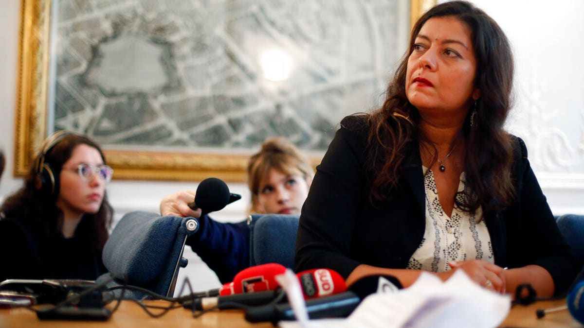 French journalist Sandra Muller gives a press conference, in Paris, Wednesday, Sept. 25, 2019.