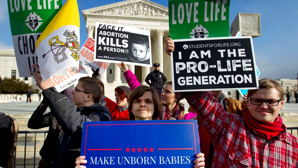 Anti-abortion activists protest outside of the U.S. Supreme Court during the March for Life in Washington. 