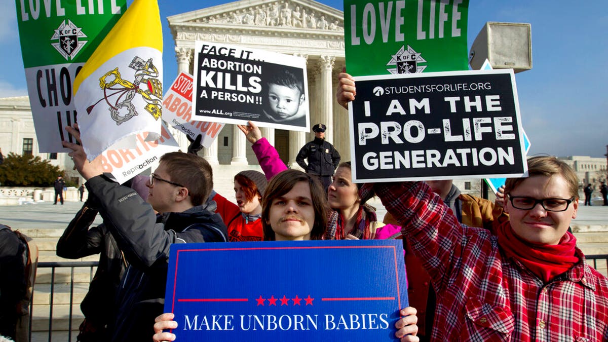 Anti-abortion activists protest outside of the U.S. Supreme Court during the March for Life in Washington. 