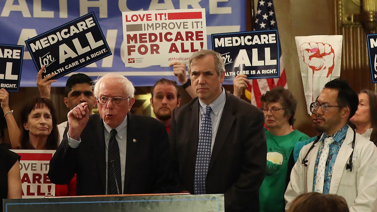Sen. Bernie Sanders introducing health care legislation titled the "Medicare for All Act of 2019" during a news conference on April 9, 2019 in Washington, D.C. (Photo by Mark Wilson/Getty Images)