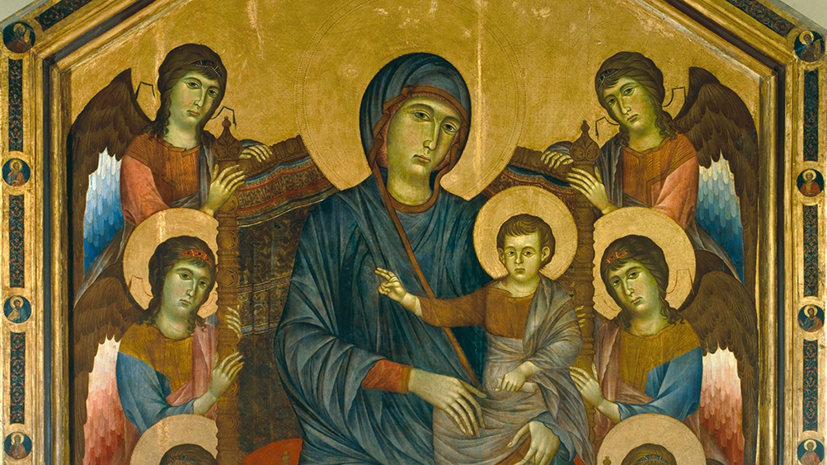 Cenni di Pepo, known as Cimabue (1240-1302), The Madonna and Child in Majesty Surrounded by Angels, Circa 1280, Oil on wood, 4,27 x 2,80 m, Paris Louvre Museum. (Photo by: Christophel Fine Art/Universal Images Group via Getty Images)