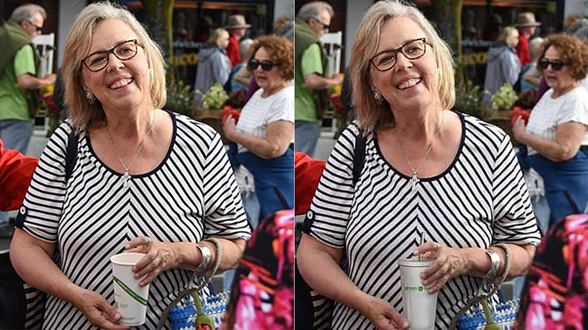 Two versions of a photo posted to the Green Party website that shows Elizabeth May holding a disposable cup on the left and a reusable cup on the right.