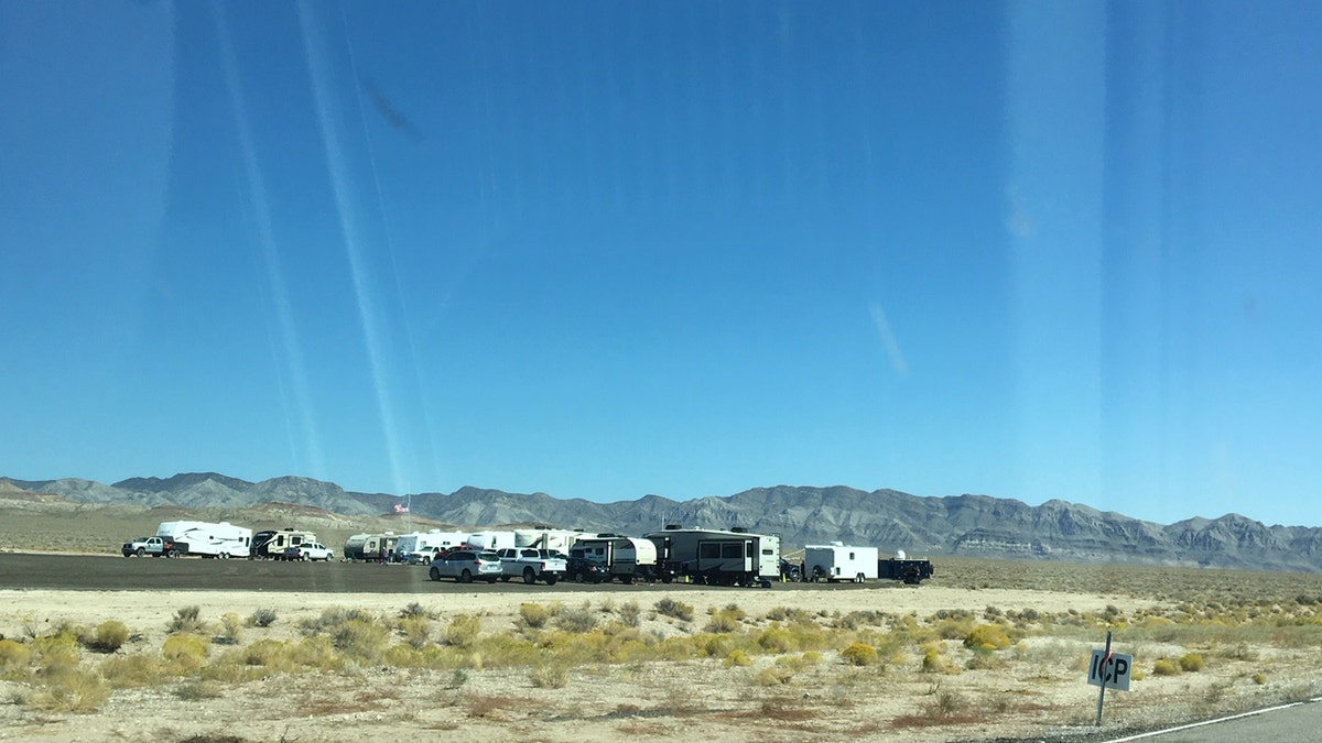 Emergency personnel can be seen staging at an area outside Rachel, Nev. on Route 375, also known as the "Extraterrestrial Highway" on Sept. 18, 2019.