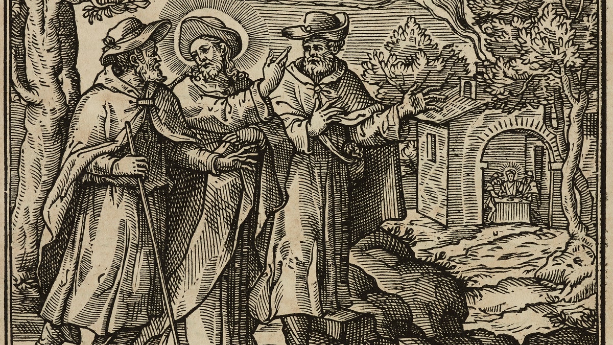 The disciples of Emmaus, Gospel of Luke, engraving from Evangelia Arabice et Latine (Gospels in Arabic and Latin), Tipografia Medicea, Rome, 1591. (Photo by Icas94 / De Agostini Picture Library via Getty Images)