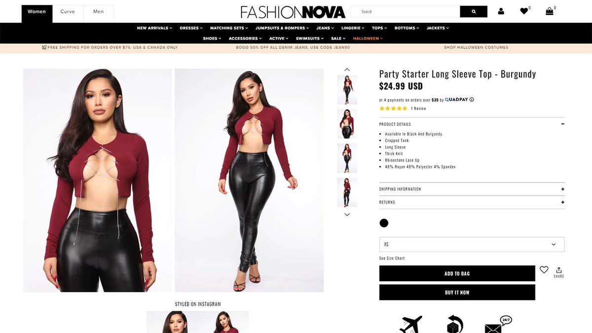 The "Party Starter Long Sleeve Top," which sells for $24.99, is described as a cropped tank with a rhinestone lace-up.