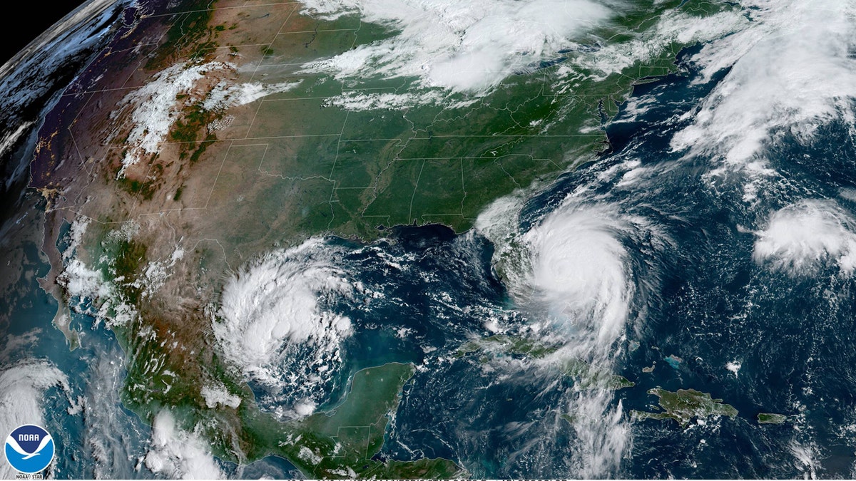 This image, taken on Tuesday, Sept. 3, 2019, shows a tropical depression in the Gulf of Mexico off northeast Mexico as Hurricane Dorian can be seen spinning just off the coast of Florida.