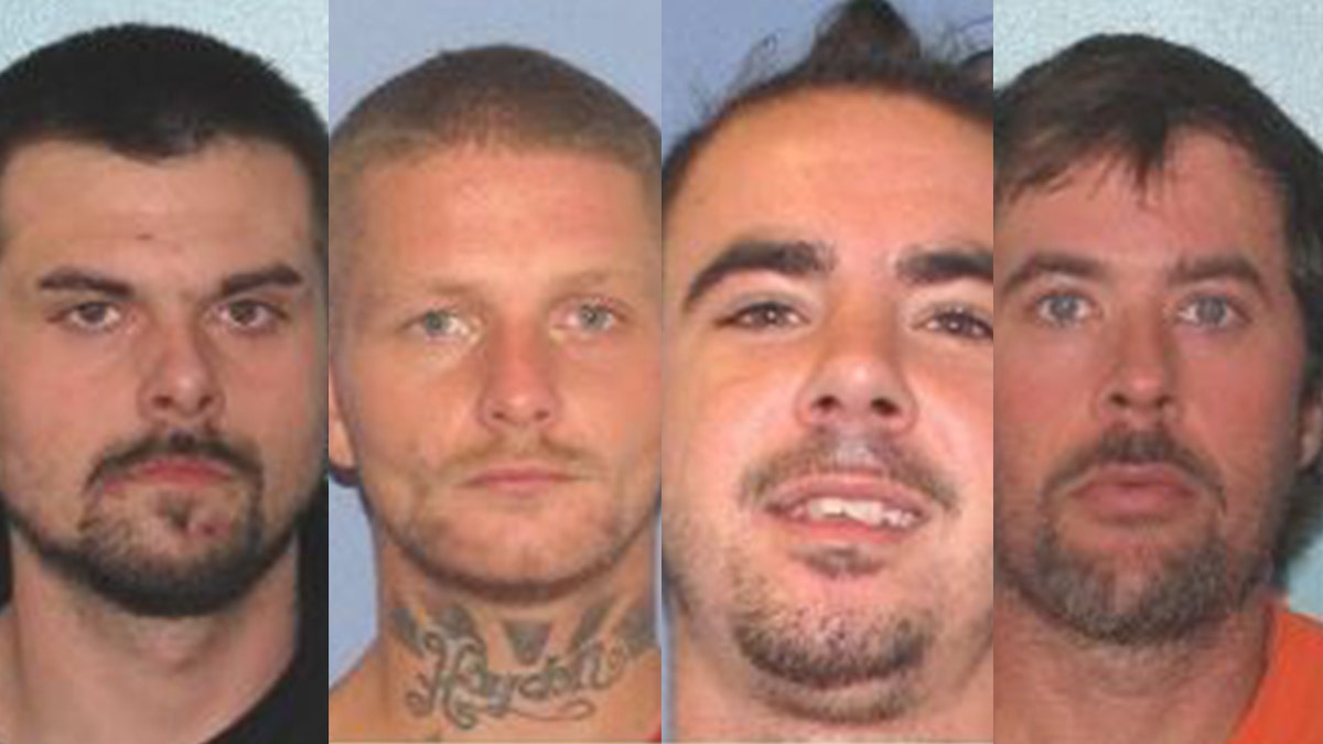 Mugshots show, left to right, Lawrence Lee, 29; Troy McDaniel, 30; Christopher Clemente, 24; and Brynn Martin, 40. The four inmates escaped from the Gallia County Jail early Sunday after overpowering two female guards, investigators said.