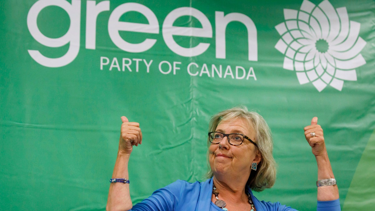 In this Sept. 3, 2019 photo, Green Party of Canada leader Elizabeth May speaks during a fireside chat about the climate, in Toronto.