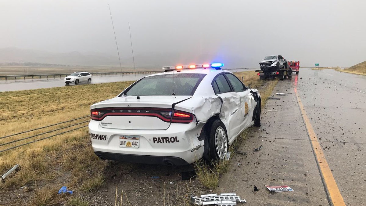 Damage to Sgt. Brian Nelson's vehicle after it was struck by a truck that hydroplaned Saturday on Interstate 15 in Box Elder County.