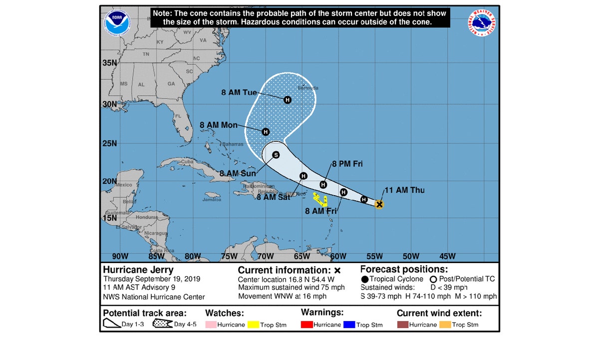 Hurricane Jerry's cone and probably path as of Thursday 11a.m. EST