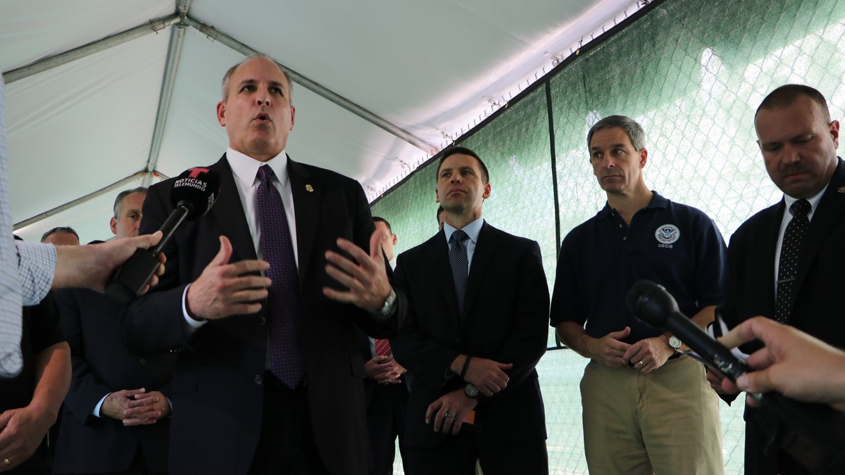 Acting Department of Homeland Security Secretary Kevin McAleenan, center, Acting Customs and Border Protection Commissioner Mark Morgan, left, and Acting U.S. Customs and Immigration Services Director Ken Cuccinelli, right, address the media. (Adam Shaw/Fox News)?