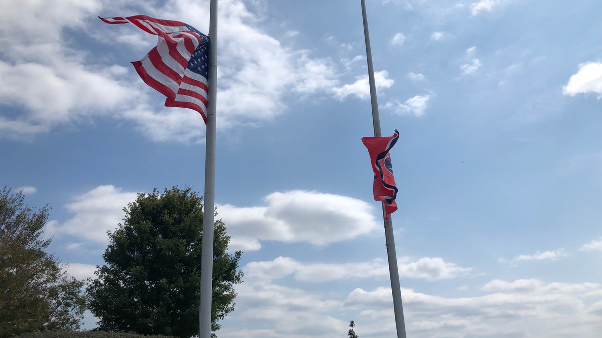 Flags fly at half-mast to honor U.S. Air Force Veteran, Lyndon Badgett. (Fox News/ Charles Watson)