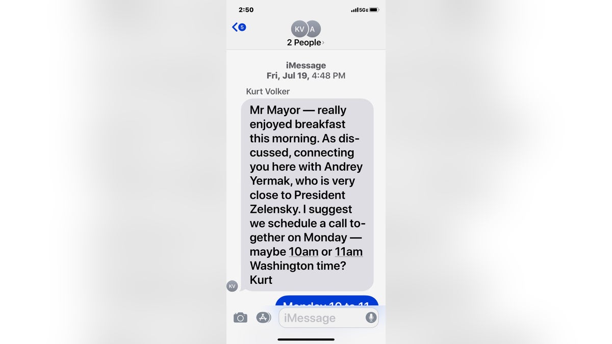 A screenshot of a text message conversation in July between U.S. diplomat Kurt Volker and Trump attorney Rudy Giuliani.