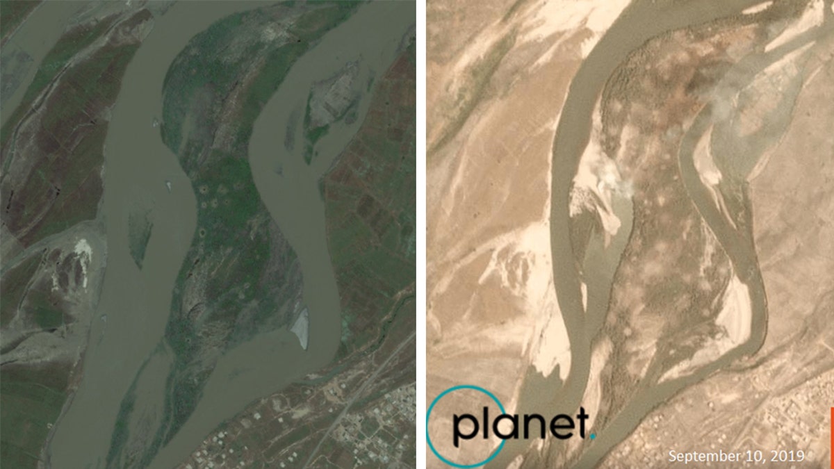 Qanus Island in Iraq as seen in May 2019 prior to the U.S. airstrike on Sept. 10, and a satellite image showing the island after the strike that day. (Satellite images courtesy of Wim Zwijnenburg and Planet Labs, Inc.)