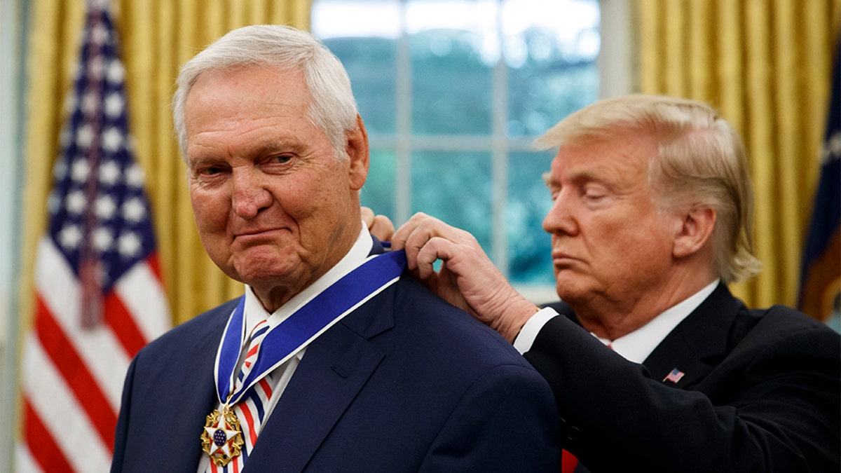 Former NBA basketball player and general manager Jerry West received the Presidential Medal of Freedom in the Oval Office on Thursday. (AP Photo/Alex Brandon)