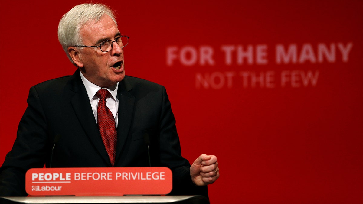 British Labour MP John McDonnell speaks during the party's annual conference in Brighton on Monday. (REUTERS/Peter Nicholls)
