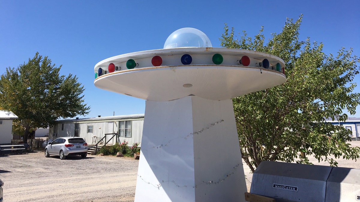 A prop of a spaceship that was used in the "Mars Attacks" movie on the property of the Little A'Le'Inn in Rachel, Nev.