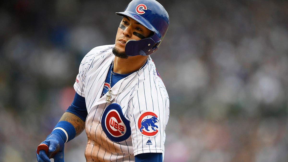 Chicago Cubs' Javier Baez reacts after being forced out at first base during the fifth inning of a baseball game against the Milwaukee Brewers, Sunday, Sept. 1, 2019, in Chicago. (AP Photo/Paul Beaty)