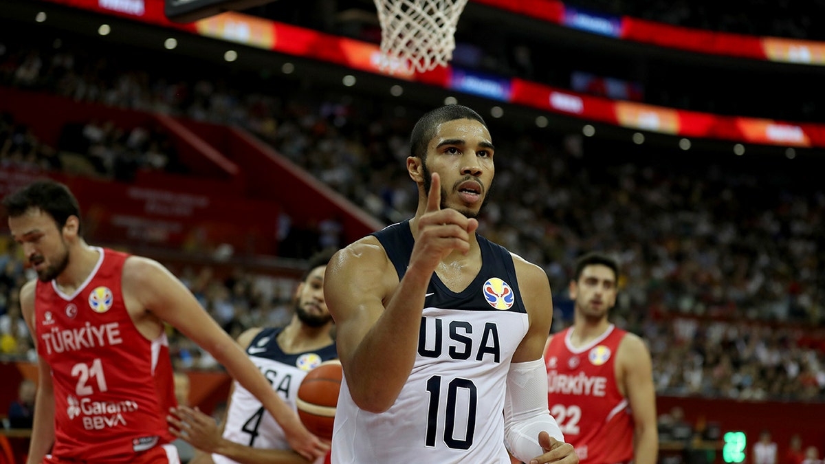 United States' Jayson Tatum reacts after scoring against Turkey for the FIBA Basketball World Cup at the Shanghai Oriental Sports Center in Shanghai on Tuesday, Sept. 3, 2019. The United States beat Turkey 93:92.(AP Photo/Ng Han Guan)