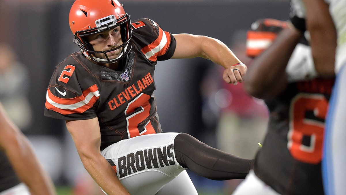 Cleveland Browns Austin Seibert watches his 33-yard field goal during the second half of the team's NFL preseason football game against the Detroit Lions on Aug. 29, 2019, in Cleveland. (AP Photo/David Richard)