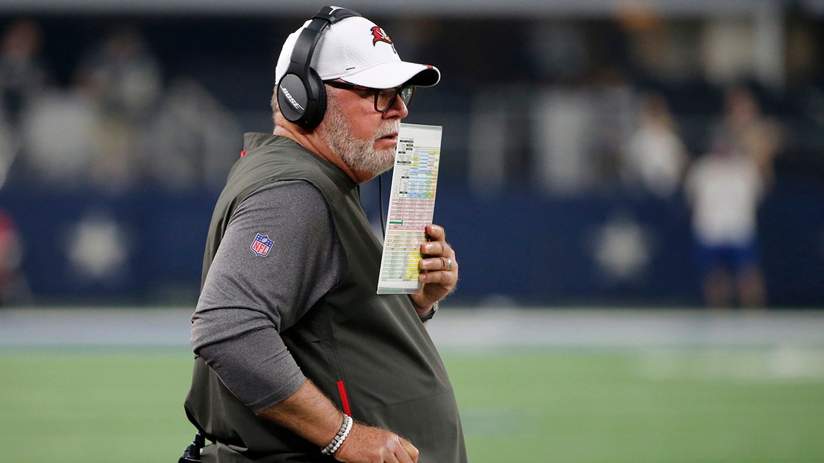 Tampa Bay Buccaneers coach Bruce Arians watches play against the Dallas Cowboys during the first half of a preseason NFL football game in Arlington, Texas, Thursday, Aug. 29, 2019. (AP Photo/Michael Ainsworth)