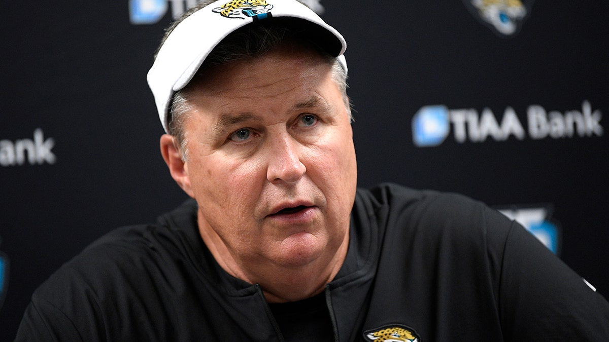 FILE - In this Aug. 8, 2019, file photo, Jacksonville Jaguars head coach Doug Marrone talks to reporters after an NFL football preseason game against the Baltimore Ravens in Baltimore. (AP Photo/Nick Wass, File)