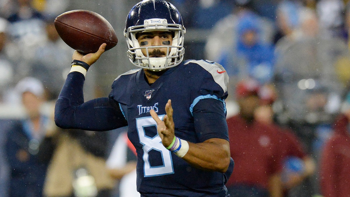 Tennessee Titans quarterback Marcus Mariota passes against the Pittsburgh Steelers in the first half of a preseason NFL football game Sunday, Aug. 25, 2019, in Nashville, Tenn. (AP Photo/Mark Zaleski)