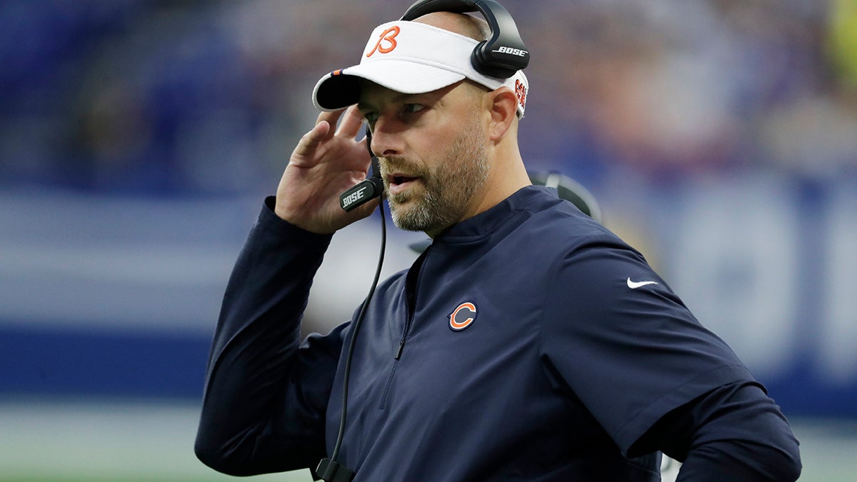 Chicago Bears head coach Matt Nagy watches the first half of an NFL preseason football game against the Indianapolis Colts, on Aug. 24, 2019, in Indianapolis. (AP Photo/Michael Conroy)