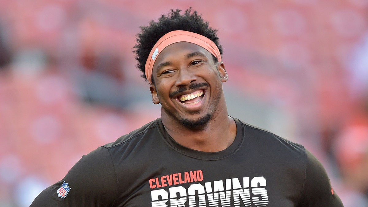 Cleveland Browns defensive end Myles Garrett before an NFL preseason football game against the Detroit Lions on Aug. 29, 2019, in Cleveland. (AP Photo/David Richard, File)