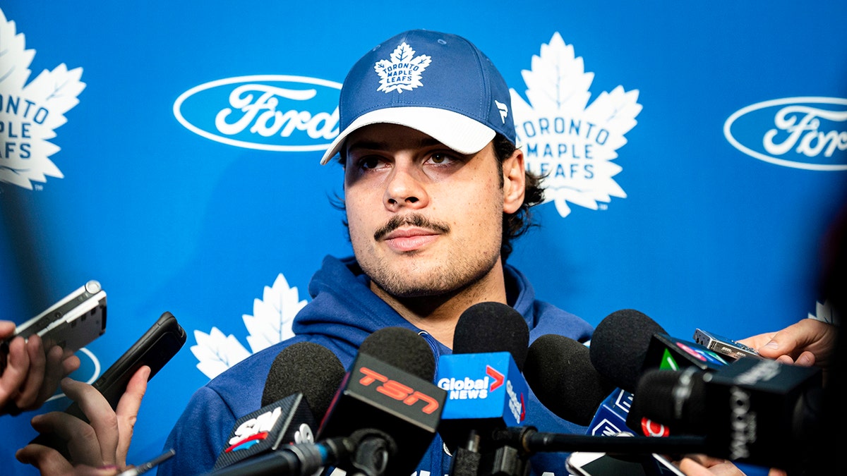Toronto Maple Leafs center Auston Matthews speaks to media during an NHL hockey press conference in Toronto, Thursday, Sept. 12, 2019. (Christopher Katsarov/The Canadian Press via AP)