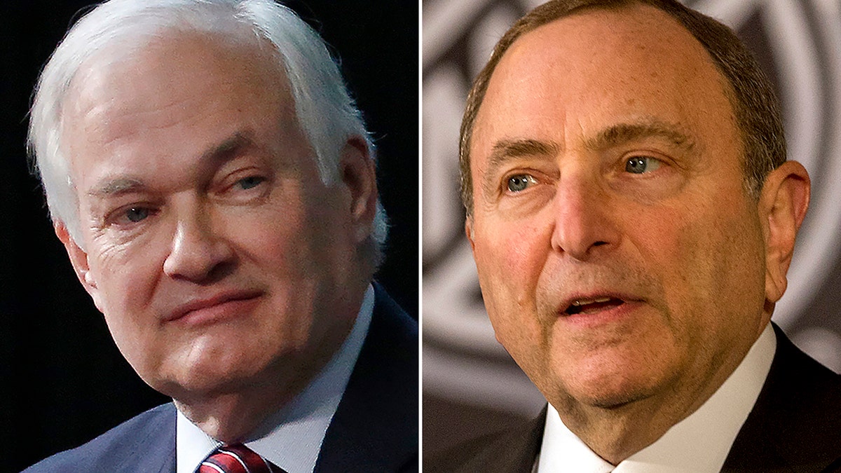 FILE - At left, in a 2015 file photo, is NHL Players Association executive director Donald Fehr. At right, in a 2018 file photo, is NHL commissioner Gary Bettman.  (AP Photo/File)