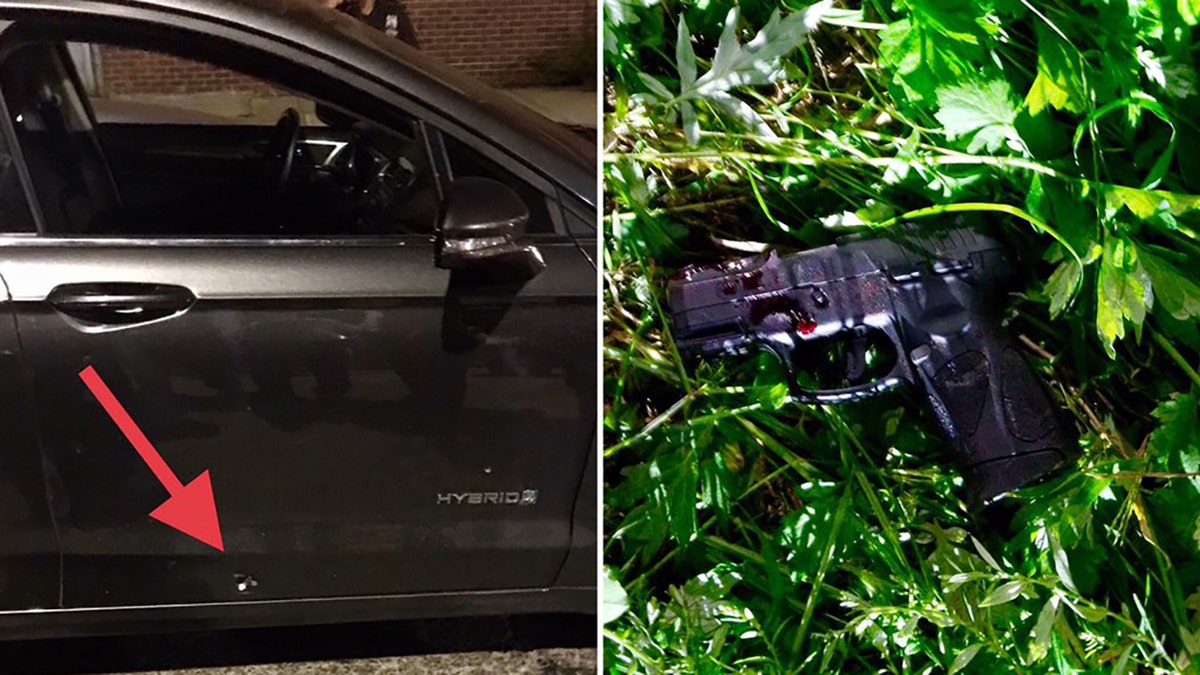 The NYPD released photos of the police vehicle struck by a bullet and a semi-automatic handgun recovered from the scene.