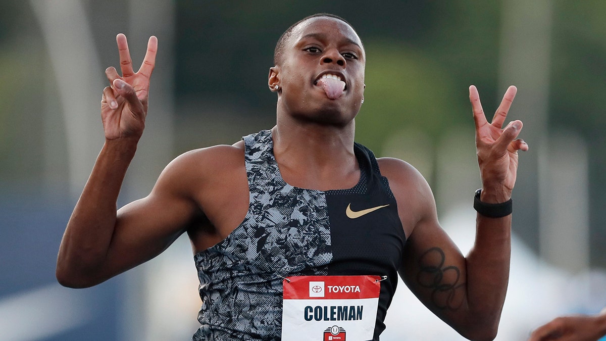 FILE - In this July 26, 2019, file photo, Christian Coleman celebrates as he wins the men's 100-meter dash final at the U.S. Championships athletics meet, in Des Moines, Iowa. Star sprinter Christian Coleman will be eligible for this month’s world championships and next year’s Olympics after the U.S. Anti-Doping Agency dropped his case for missed tests because of a technicality. (AP Photo/Charlie Neibergall, File)