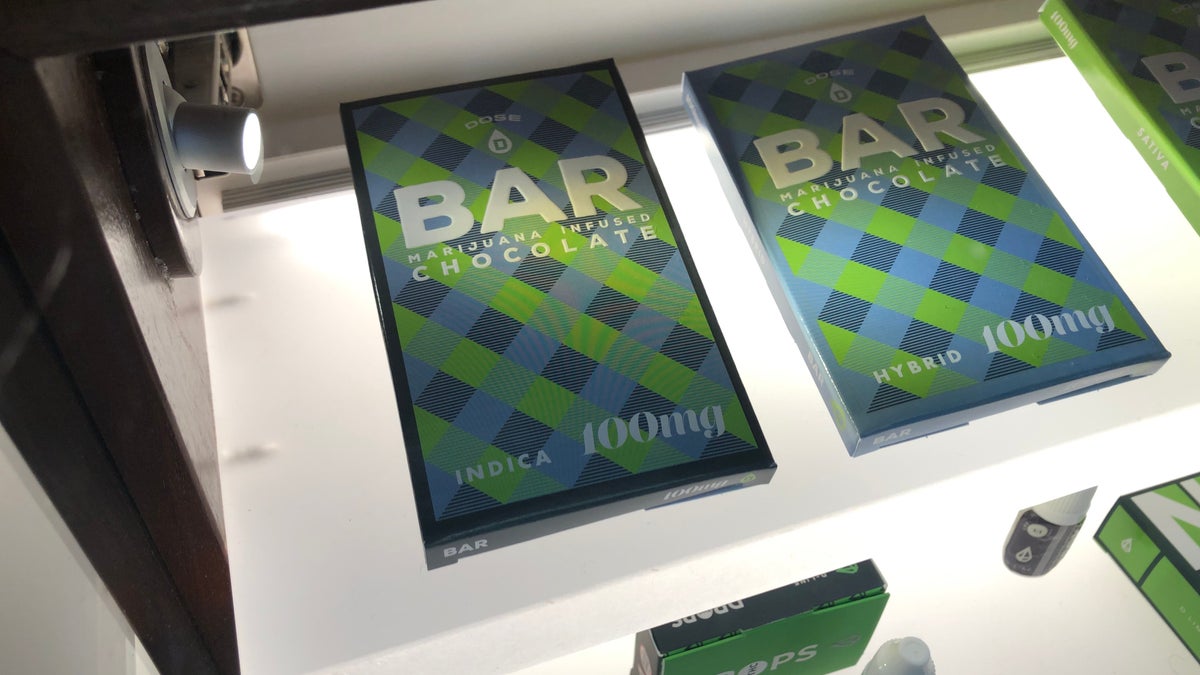 A chocolate bar infused with 100mg of THC for sale at a marijuana shop in Boston.