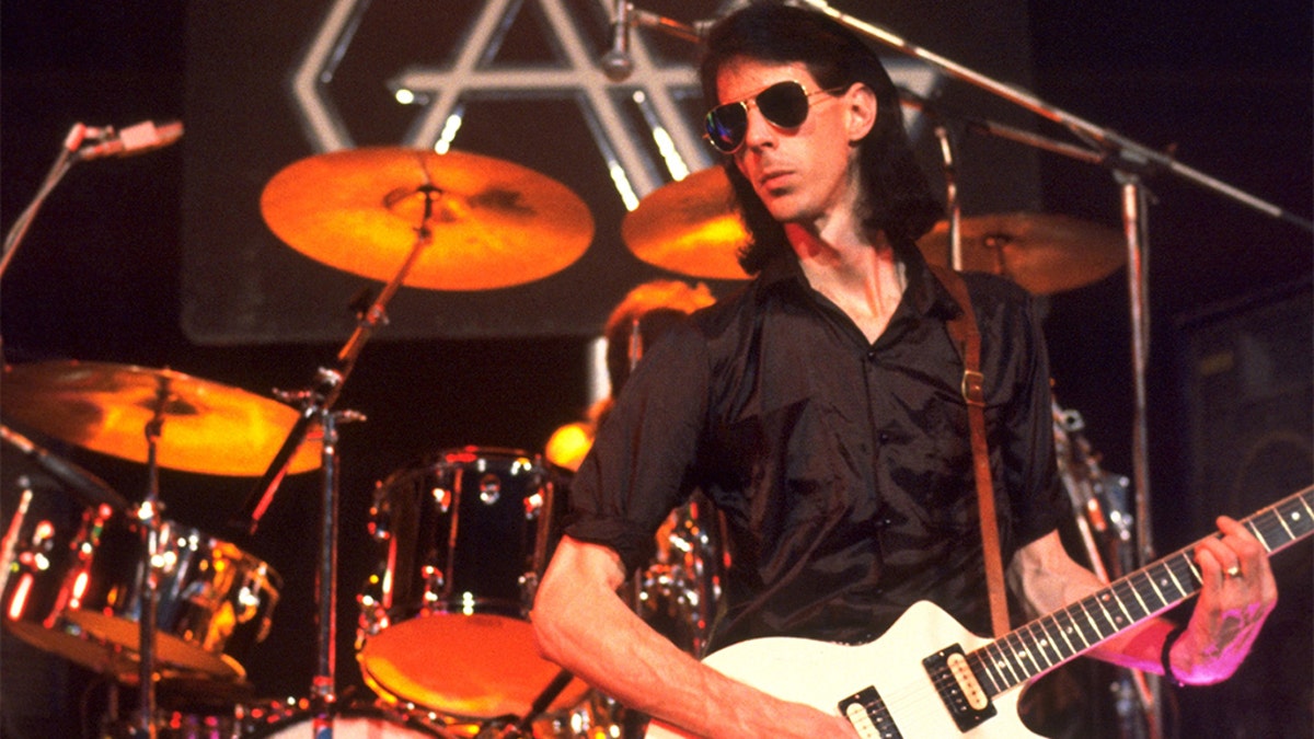 Ric Ocasek of The Cars performing at the University of Sussex in Brighton, England for the TV show, 'Rock Goes To College' on November 22, 1978.