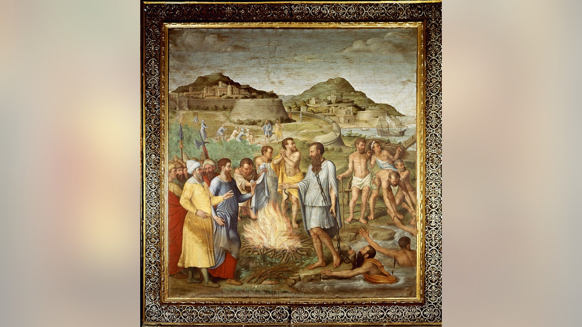 Italy, Lazio, Rome, St. Paul's outside the Walls. Whole artwork view. Saint Paul and the castaways warming up around a bonfire after they landed on the isle of Malta.