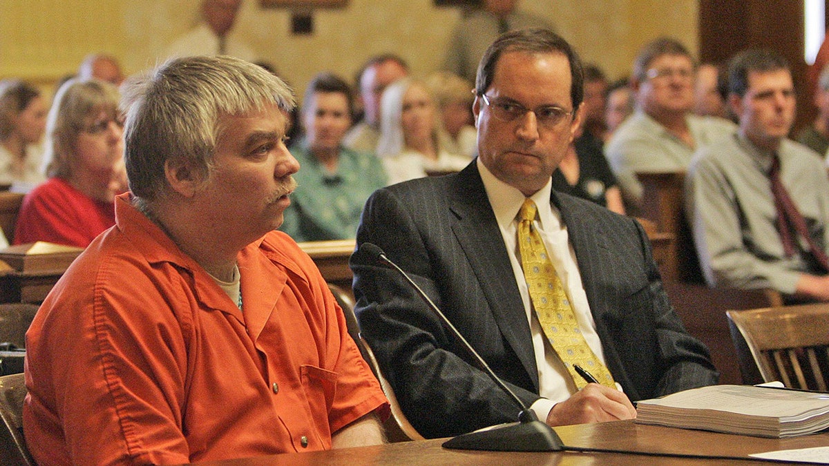 In this June 1, 2007 file photo, Steven Avery, left, appears during his sentencing as his attorney Jerome Buting listens at the Manitowoc County Courthouse in Manitowoc, Wis.