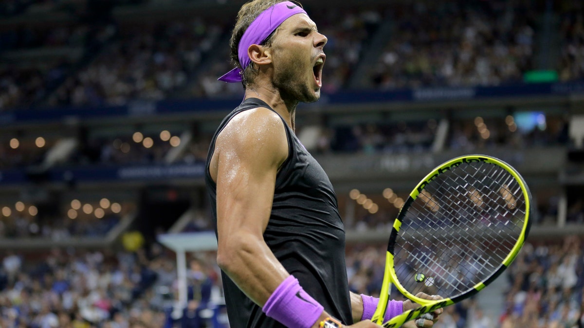 Rafael Nadal, of Spain, reacts after winning a point against Marin Cilic, of Croatia, during the fourth round of the U.S. Open tennis tournament, Monday, Sept. 2, 2019, in New York. (AP Photo/Seth Wenig)