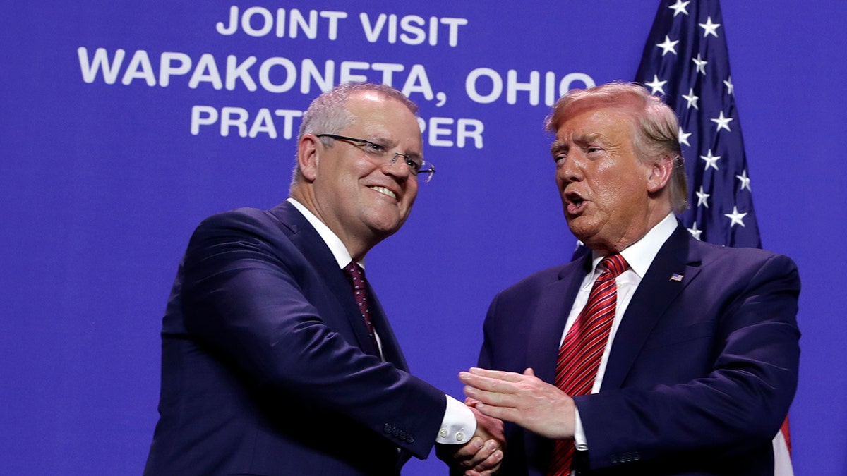 President Trump and Australian Prime Minister Scott Morrison shaking hands at Pratt Industries on Sunday in Wapakoneta, Ohio.?