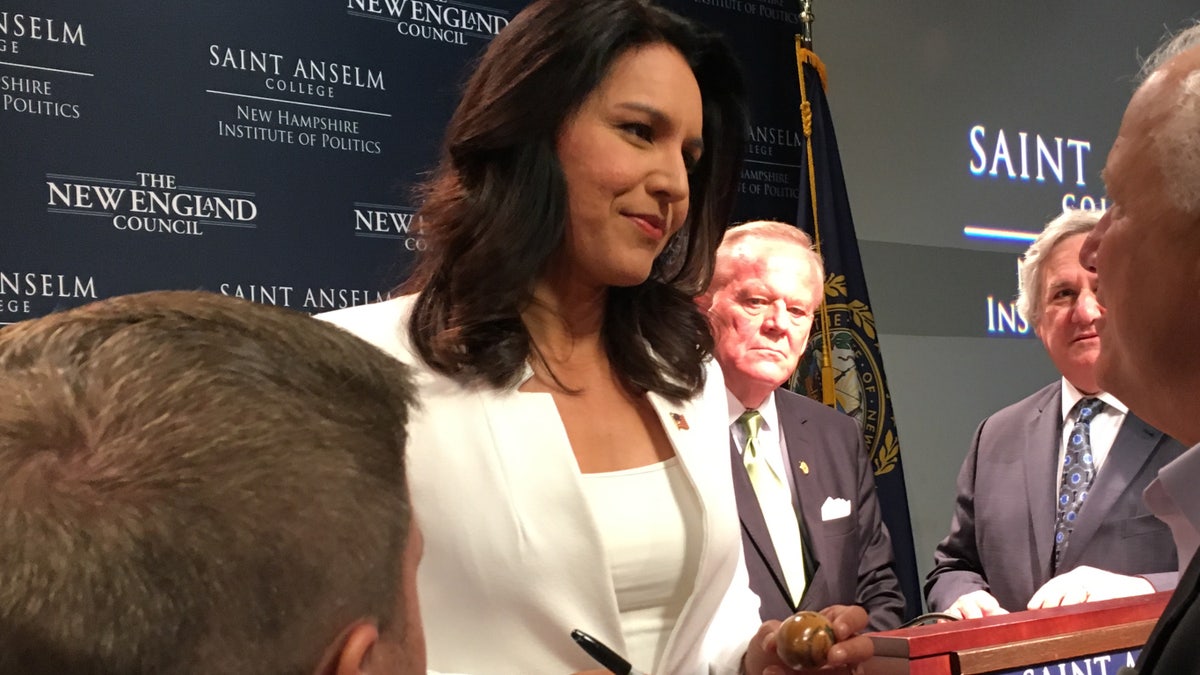 Democratic presidential candidate Rep. Tulsi Gabbard of Hawaii speaks with voters after headlining 'Politics and Eggs' at the New Hampshire Institute of Politics, on Thursday September 5, 2019 in Manchester.