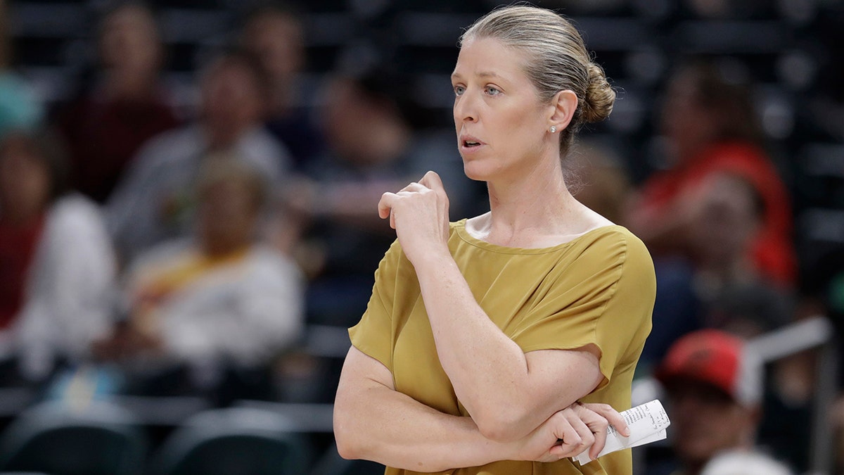 FILE - In this Aug. 20, 2019, file photo, New York Liberty coach Katie Smith watches during the second half of the team's WNBA basketball game against the Indiana Fever in Indianapolis. (AP Photo/Darron Cummings, File)